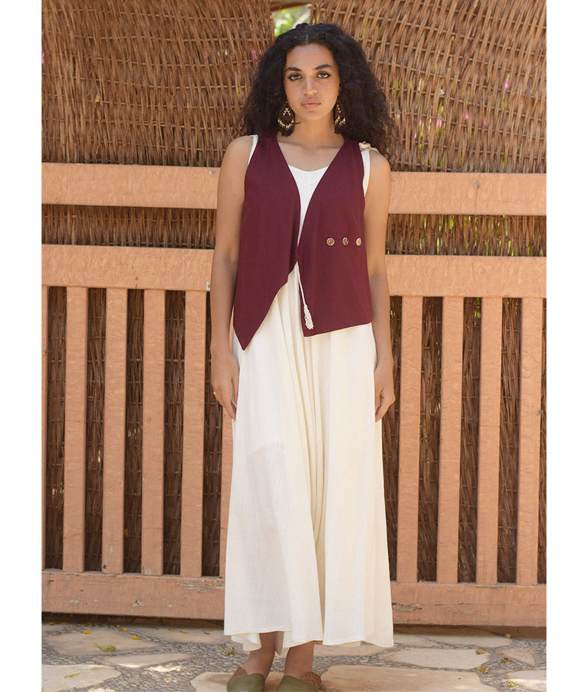 Burgundy El Mahrousa Linen Wrap Vest handmade in Egypt & available at Jozee Boutique.