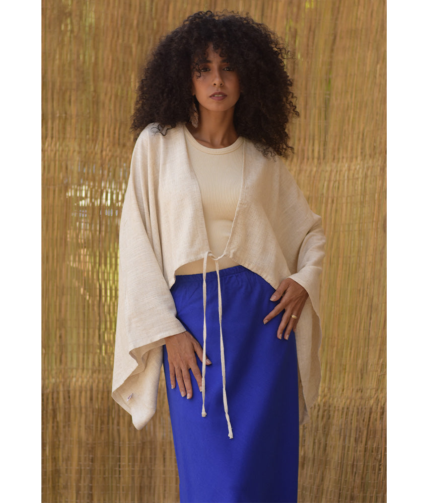 Electric Blue Linen Side-Slit Skirt with Elastic Waistband
