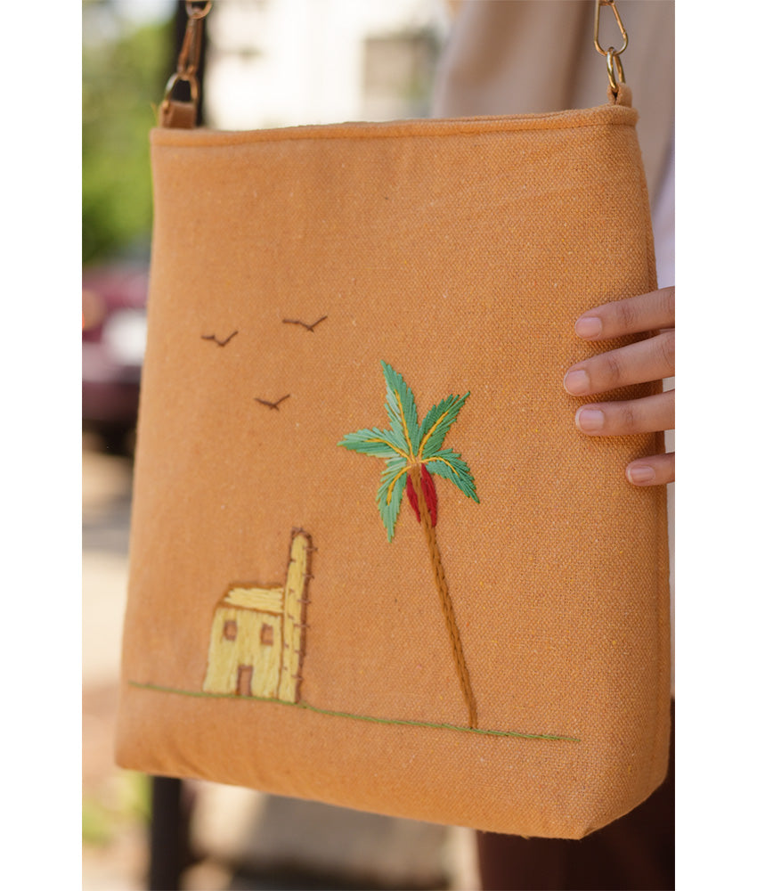 Camel Embroidered Palm Linen Cross Bag handmade in Egypt & available at Jozee Boutique.handmade in Egypt & available at Jozee Boutique.