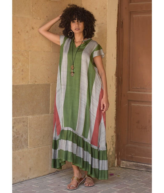 Green & Grey Handwoven Ruffle Dress Handmade in Egypt & available at Jozee Boutique