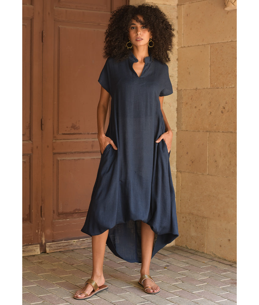 Navy Blue Linen Adjustable Dress