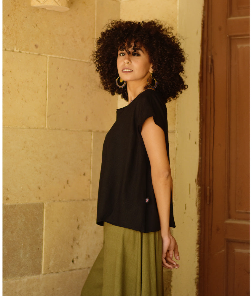 Black Linen Relaxed Top handmade in Egypt & available at Jozee boutique