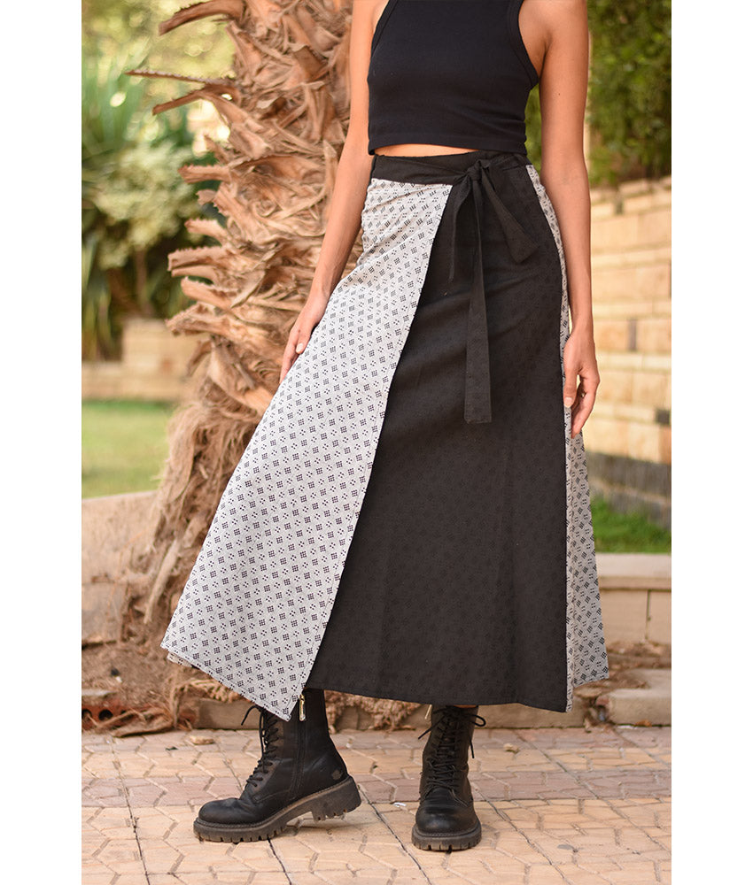Black & Silver Silk and Cotton Loom Woven Long Wrap Skirt handmade in Egypt & available at Jozee Boutique.