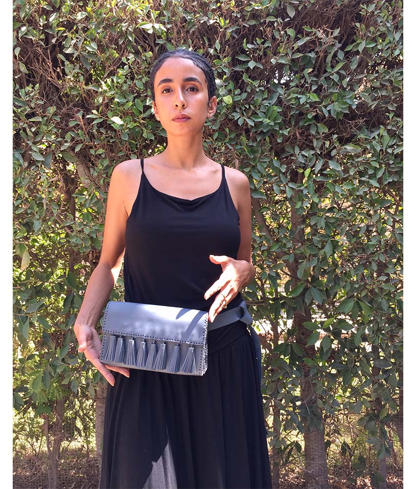 Light grey Genuine Leather waist Bag handmade in Egypt and available at Jozee Boutique.