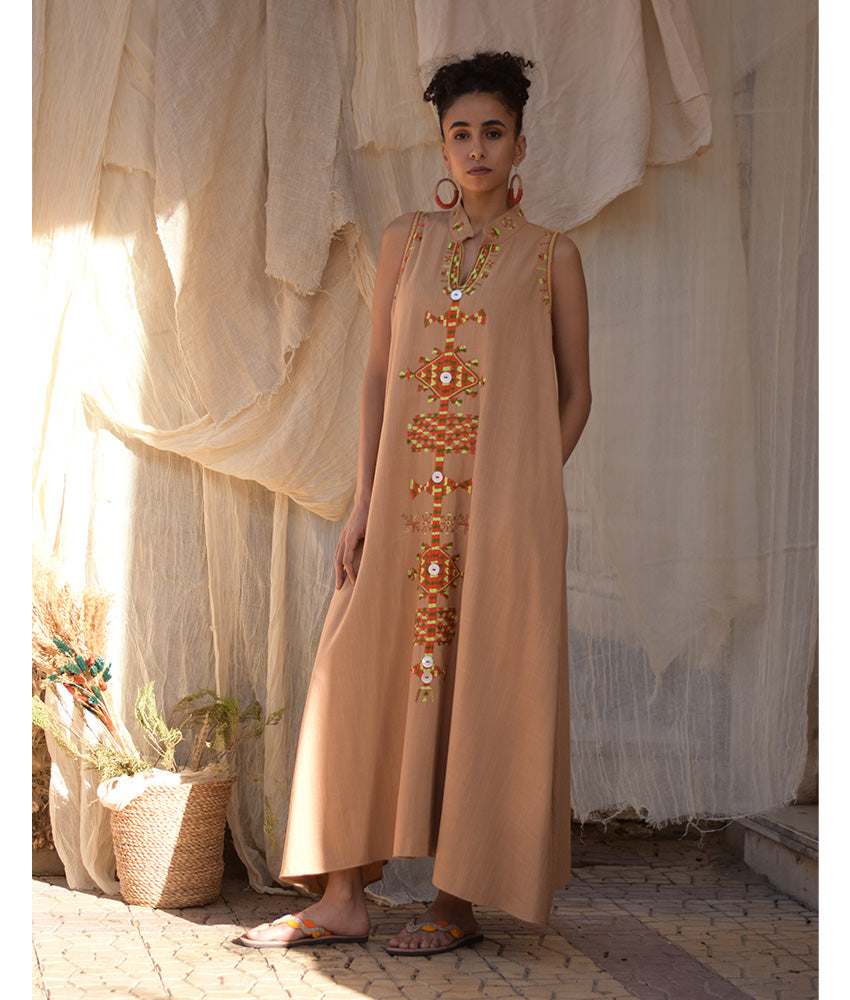 Dark Beige Siwa Embroidered Linen Japanese Dress handmade in Egypt & available at Jozee Boutique.