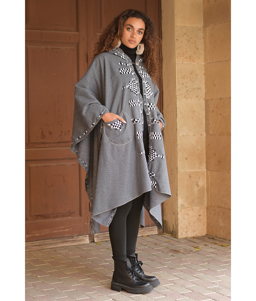 Grey Siwa Embroidered Wool Midi Cape handmade in Egypt & available at Jozee Boutique.