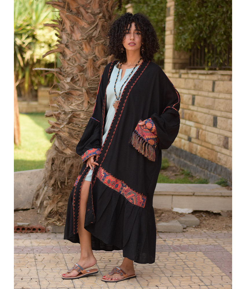Black Linen Cardigan with Hand Embroideries handmade in Egypt & available in Jozee boutique