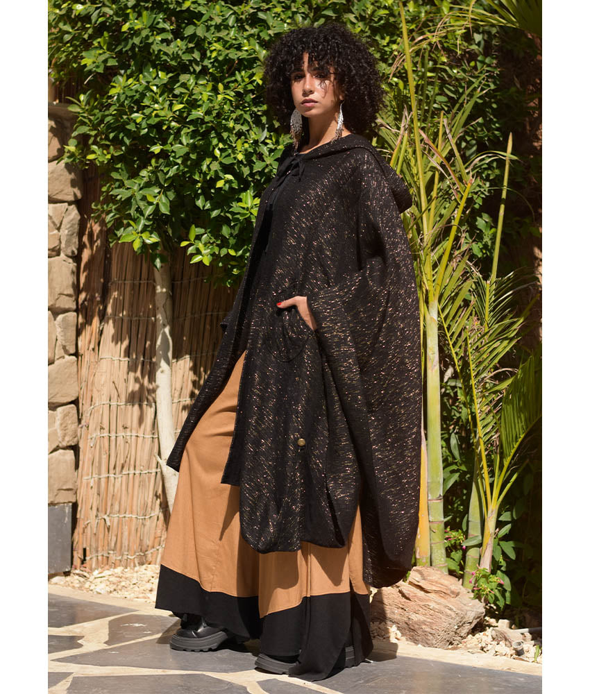 Black & Gold Handwoven Heavy Cotton Midi Cape handmade in Egypt & available at Jozee Boutique.handmade in Egypt & available at Jozee Boutique.