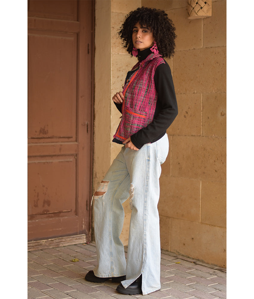 Black & Fuchsia Cropped Akhmim Loomwoven Jacket handmade in Egypt & available at Jozee Boutique.handmade in Egypt & available at Jozee Boutique.