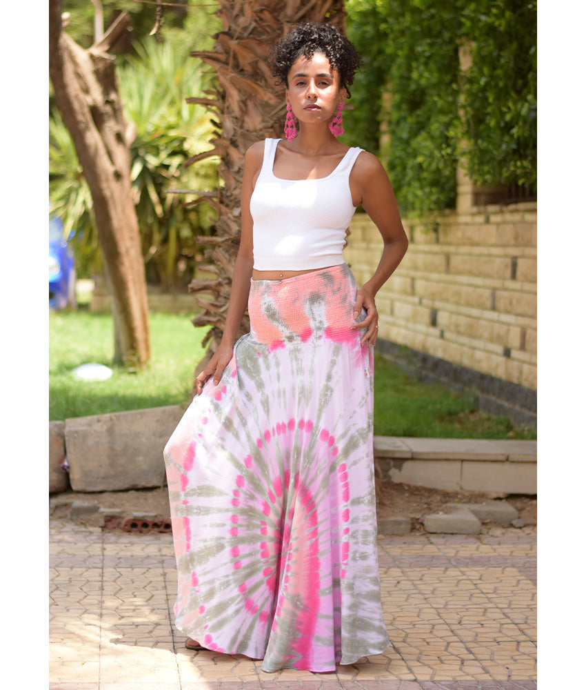 Multicolored Tie Dyed Maxi Skirt handmade in Egypt & available at Jozee Boutique.