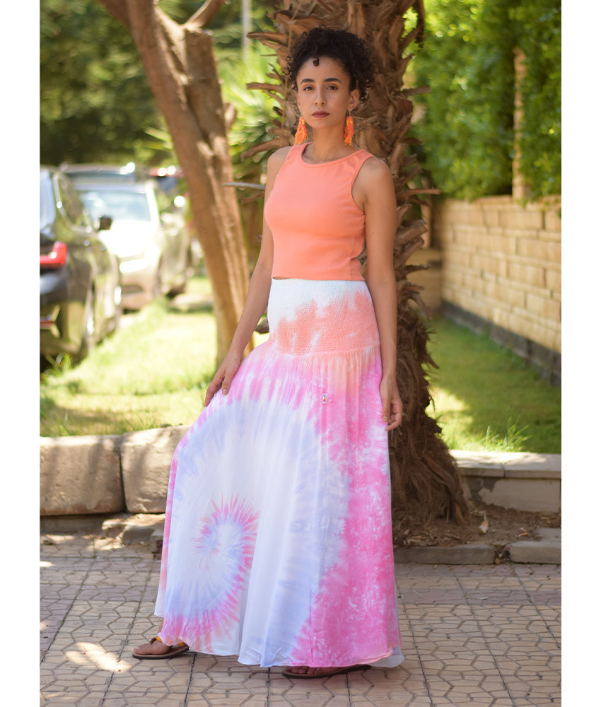 Shades of Light Blue Tie Dyed Maxi Skirt handmade in Egypt & available at Jozee Boutique.
