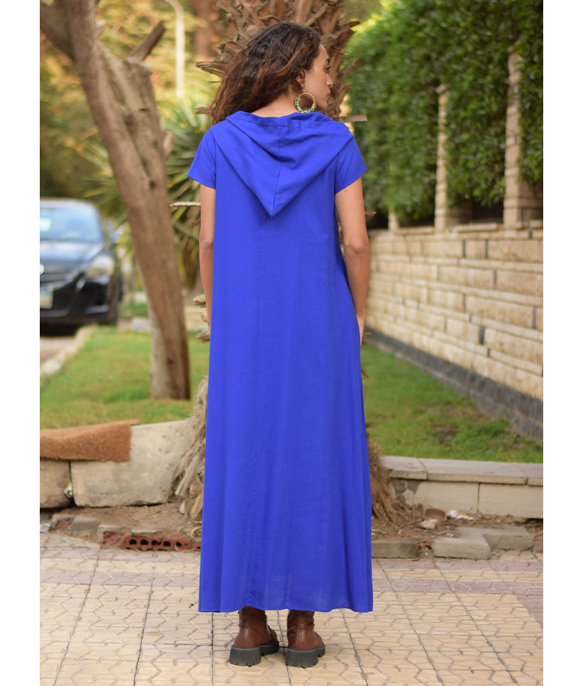 Electric Blue Linen Dress with Hoodie handmade in Egypt & available at Jozee Boutique.