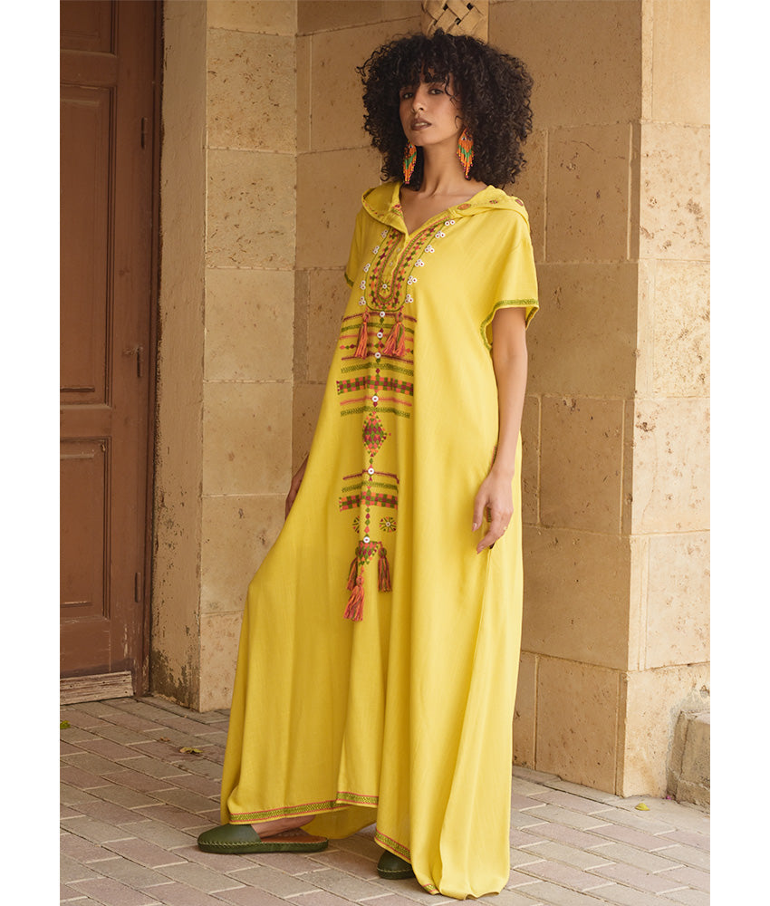 Mustard Siwa Embroidered Linen Dress with Hoodie handmade in Egypt & available at Jozee Boutique.