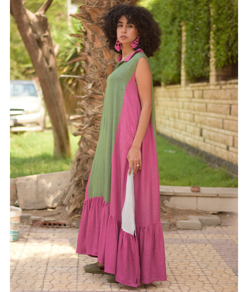 Green & Fuchsia Pink Handwoven Ruffle Dress handmade in Egypt & available at Jozee Boutique.