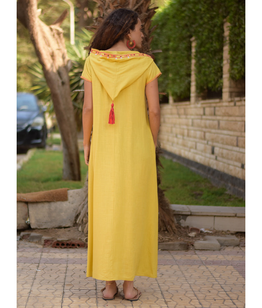 Mustard Siwa Heavily Embroidered Linen Dress with Hoodie handmade in Egypt & available at Jozee Boutique.