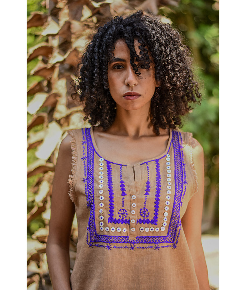 Dark Beige Siwa Embroidered Linen Top Handmade in Egypt & available at Jozee Boutique
