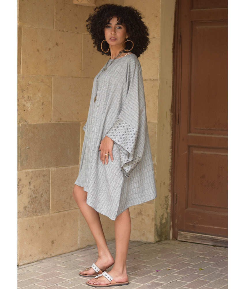 Grey Viscose Midi Dress with Inspired Pattern handmade in Egypt & available at Jozee Boutique.