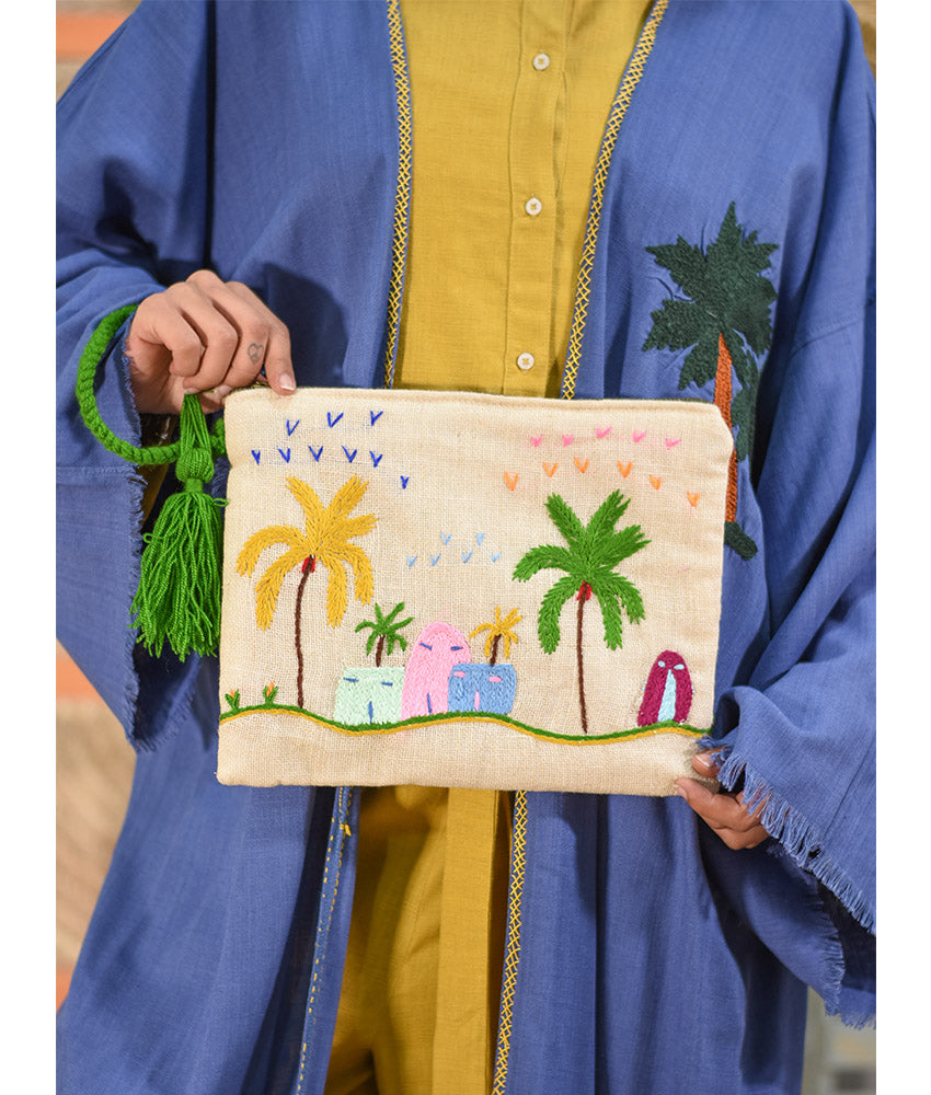 Beige Embroidered Clutch handmade in Egypt & available at Jozee Boutique.