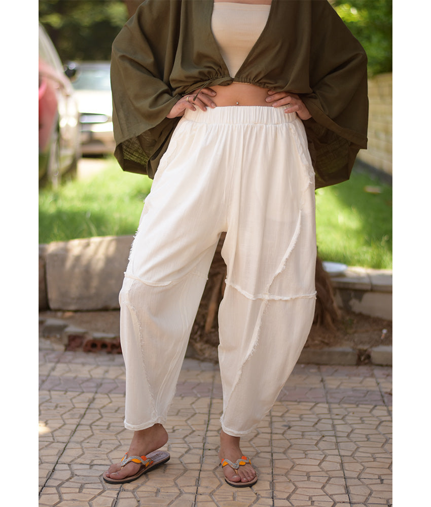 White Wide Leg Linen Frayed Pants handmade in Egypt & available at Jozee Boutique.