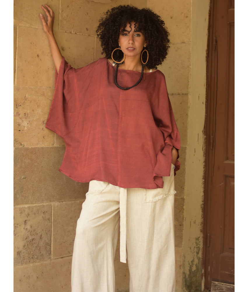 Brick Red Viscose Oversized Top with Flowing Silhouette handmade in Egypt & available at Jozee Boutique.
