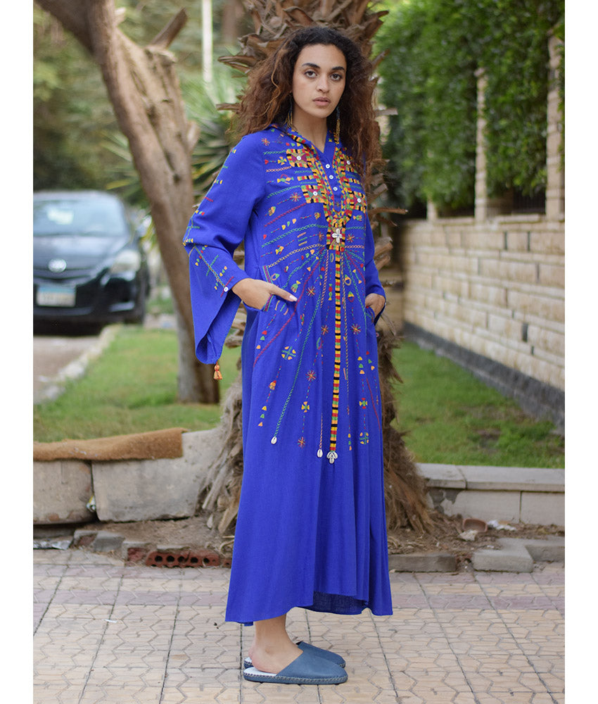 Electric Blue Siwa Heavily Embroidered Linen Dress with Hoodie handmade in Egypt & available at Jozee Boutique.