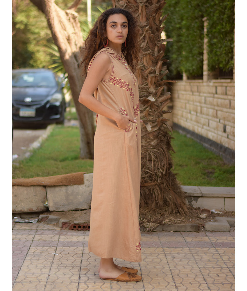 Dark Beige Siwa Embroidered Linen Dress with Hoodie handmade in Egypt & available at Jozee Boutique.