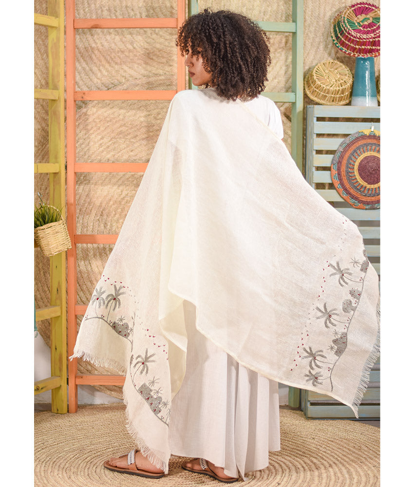 White Embroidered Linen Shawl handmade in Egypt & available at Jozee Boutique