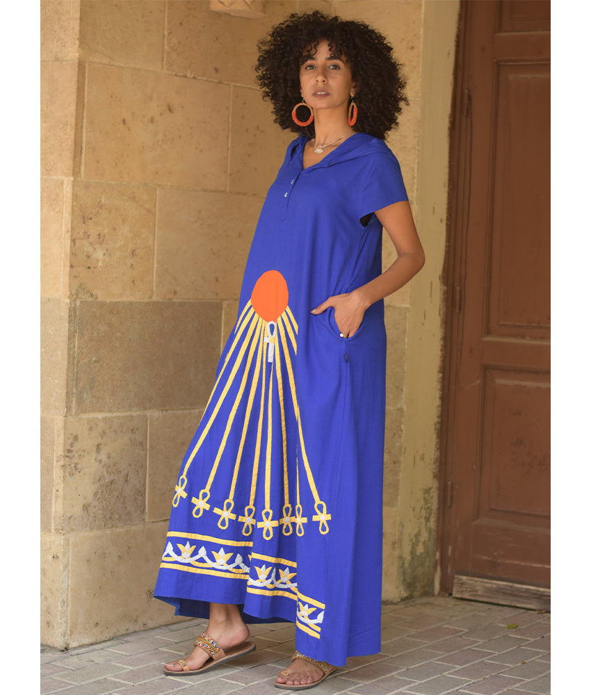 Electric Blue Linen Dress with Khyamia Ancient Egyptian Crafts Patchwork handmade in Egypt & available at Jozee Boutique.