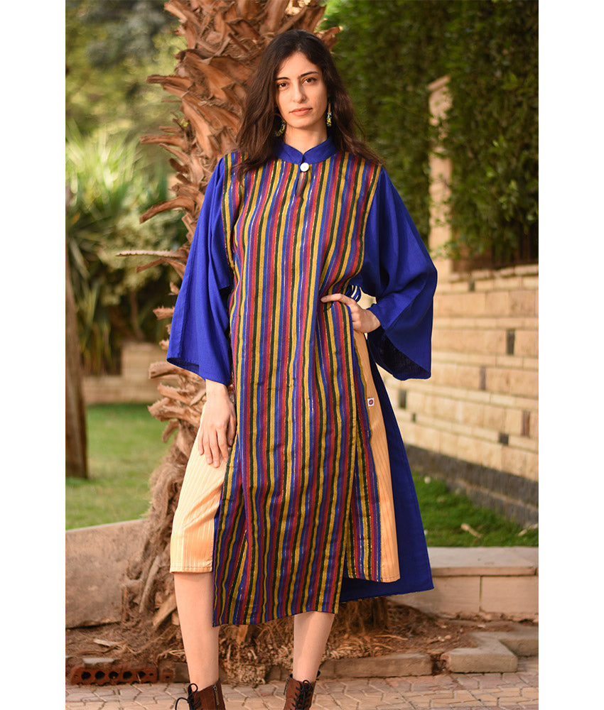 Electric Blue & Multicolored Silk & Cotton Loom Woven Long Sleeve Tunic handmade in Egypt & available at Jozee Boutique.
