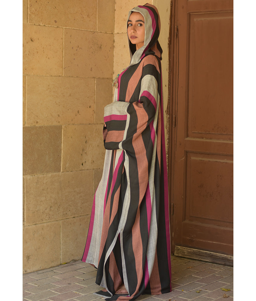 Multicolored Stripped Viscose Kaftan with Hoodie handmade in Egypt & available at Jozee Boutique.