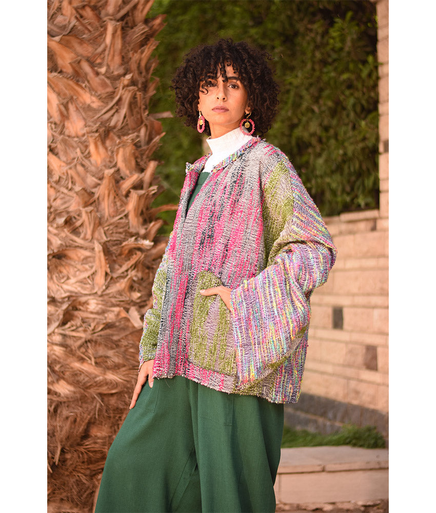 Multicolored Handwoven Jacket handmade in Egypt & available at Jozee Boutique.