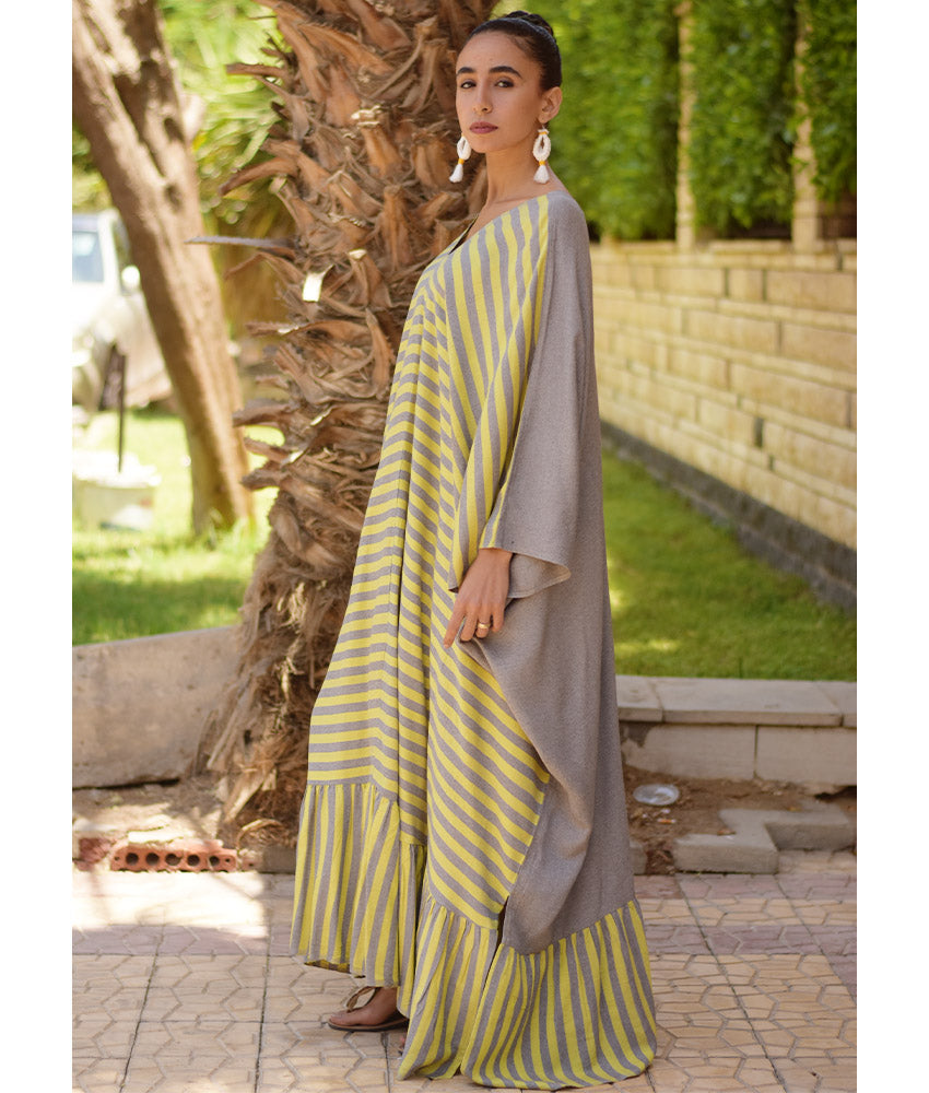 Yellow & Grey Handwoven Ruffle Kaftan handmade in Egypt & available at Jozee boutique