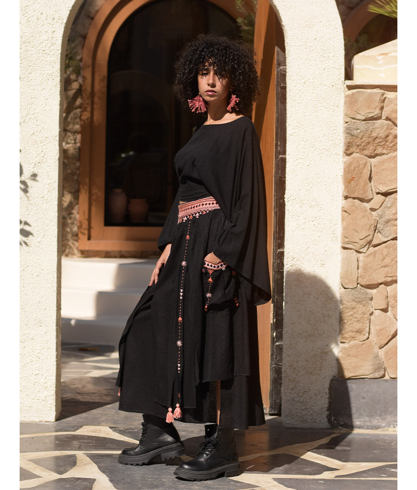 Black Siwa Embroidered Linen Slices Skirt handmade in Egypt & available in Jozee boutique