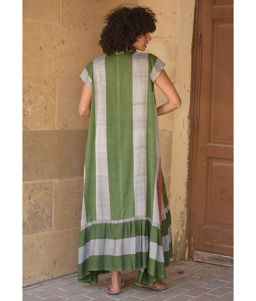 Green & Grey Handwoven Ruffle Dress Handmade in Egypt & available at Jozee Boutique