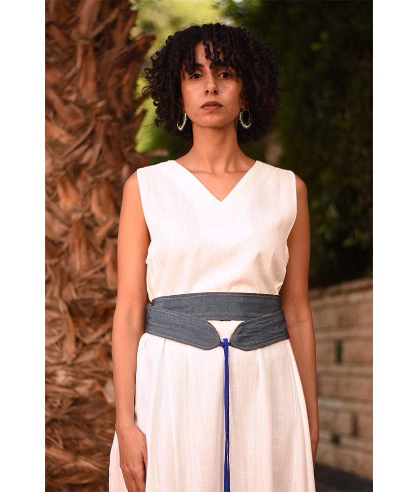 Denim Blue & Multicolored Silk & Cotton Loom Woven Double Wrap Belt handmade in Egypt and available at Jozee Boutique