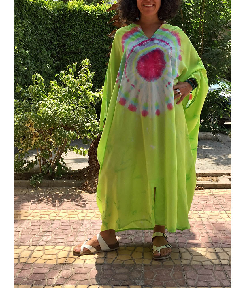 Lime Green & Pink Tie Dyed Kaftan handmade in Egypt & available in Jozee boutique
