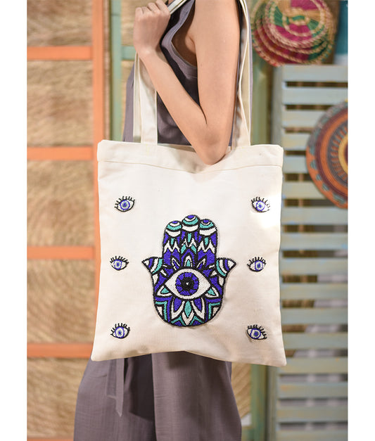 Off White Embroidered Tote Bag handmade in Egypt & available at Jozee Boutique.