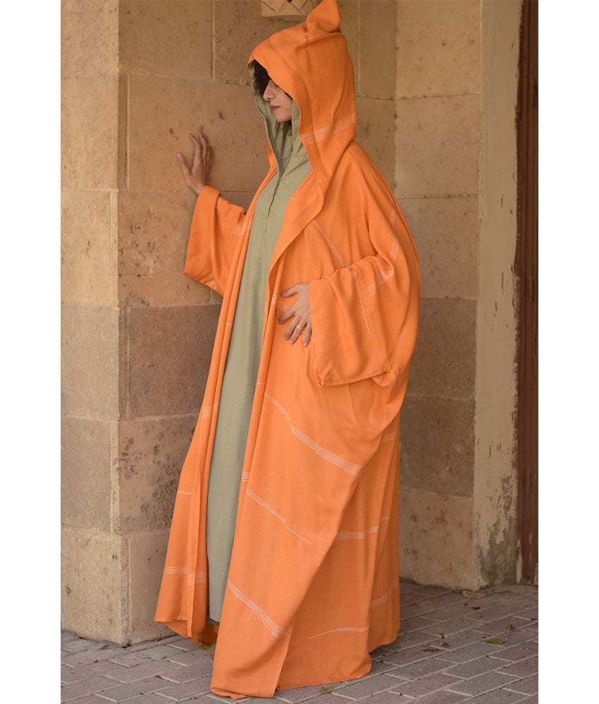 Burnt Orange Viscose Cardigan with Hoodie handmade in Egypt & available at Jozee Boutique.