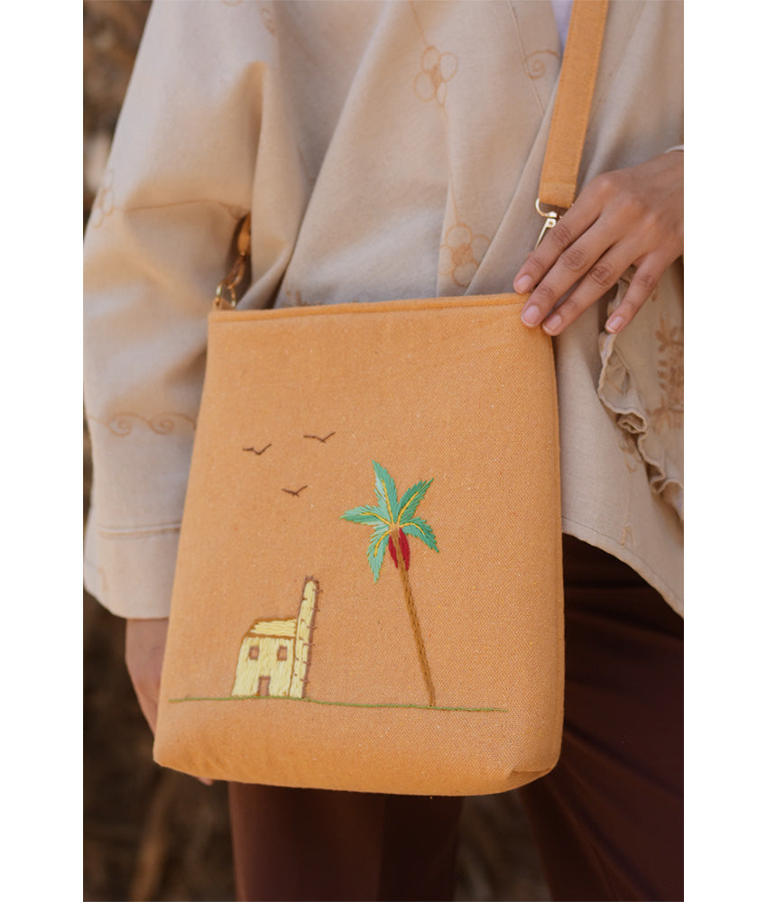 Camel Embroidered Palm Linen Cross Bag handmade in Egypt & available at Jozee Boutique.handmade in Egypt & available at Jozee Boutique.