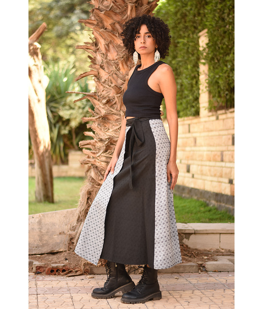 Black & Silver Silk and Cotton Loom Woven Long Wrap Skirt handmade in Egypt & available at Jozee Boutique.