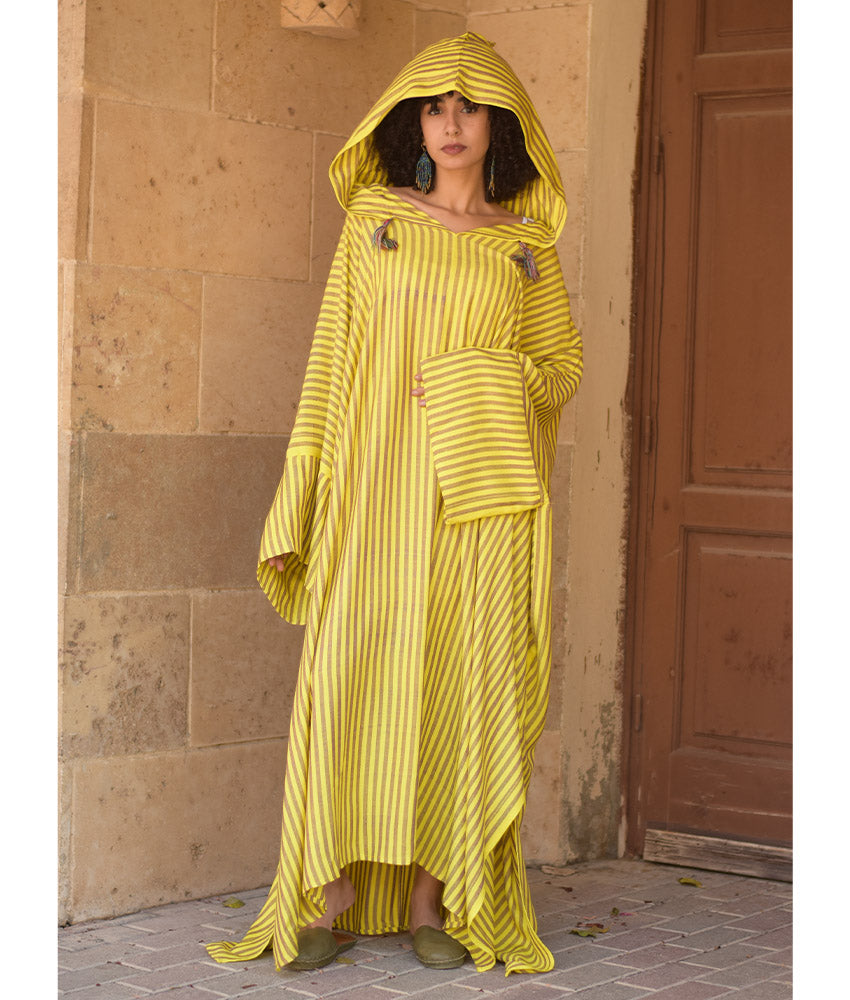 Yellow & Purple Stripped Viscose Kaftan with Hoodie handmade in Egypt & available at Jozee Boutique.