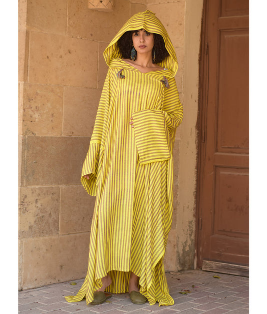 Yellow & Purple Stripped Viscose Kaftan with Hoodie handmade in Egypt & available at Jozee Boutique.