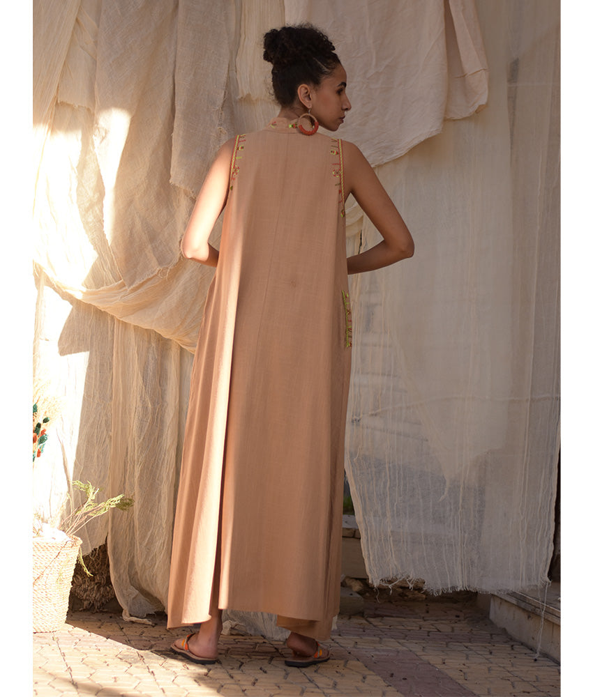 Dark Beige Siwa Embroidered Linen Japanese Dress handmade in Egypt & available at Jozee Boutique.