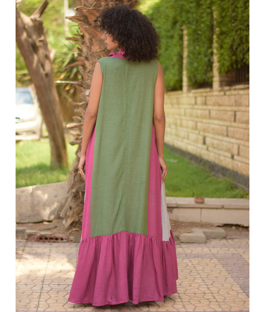 Green & Fuchsia Pink Handwoven Ruffle Dress handmade in Egypt & available at Jozee Boutique.