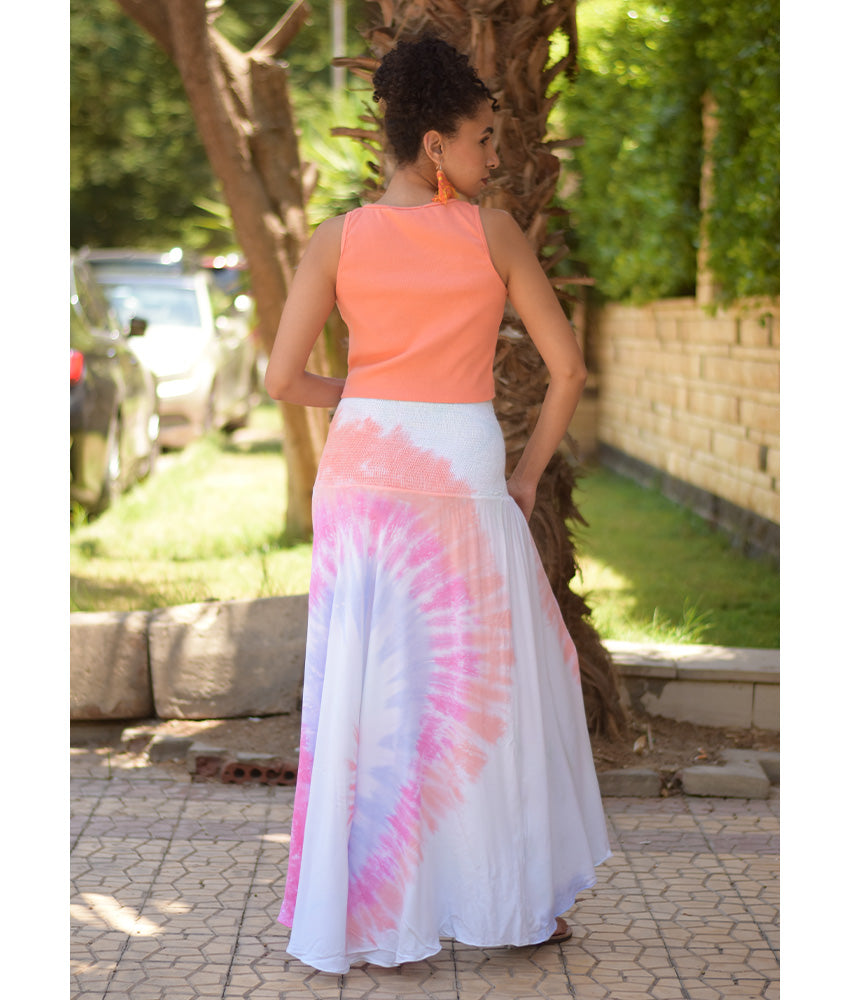 Shades of Light Blue Tie Dyed Maxi Skirt handmade in Egypt & available at Jozee Boutique.