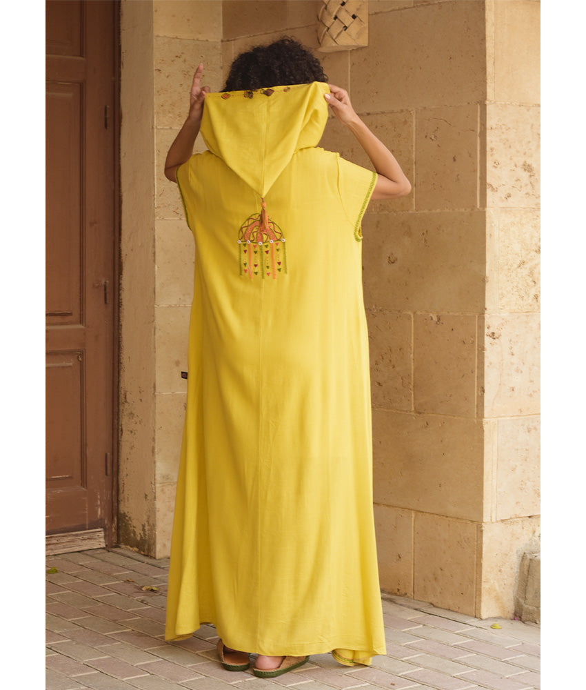 Mustard Siwa Embroidered Linen Dress with Hoodie handmade in Egypt & available at Jozee Boutique.