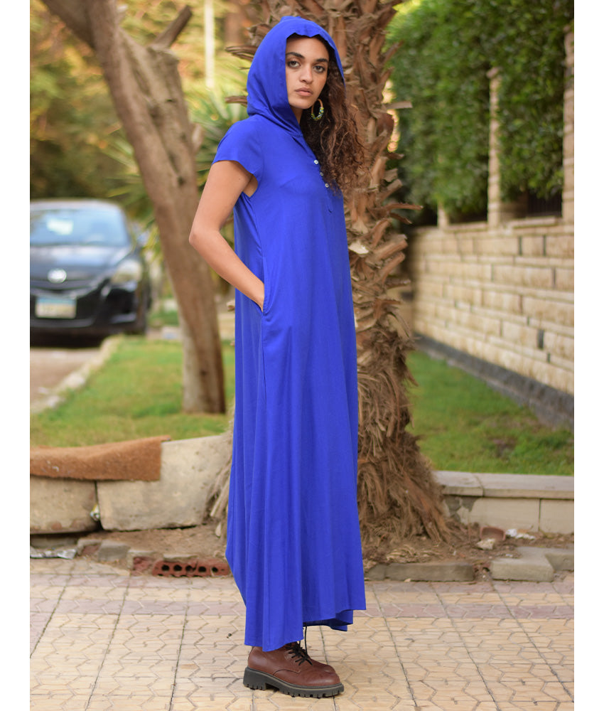 Electric Blue Linen Dress with Hoodie handmade in Egypt & available at Jozee Boutique.