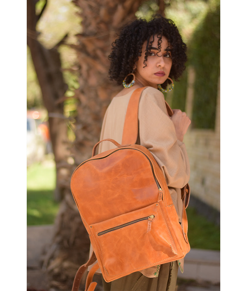 Camel Genuine Leather backpack handmade in Egypt and available at Jozee Boutique.