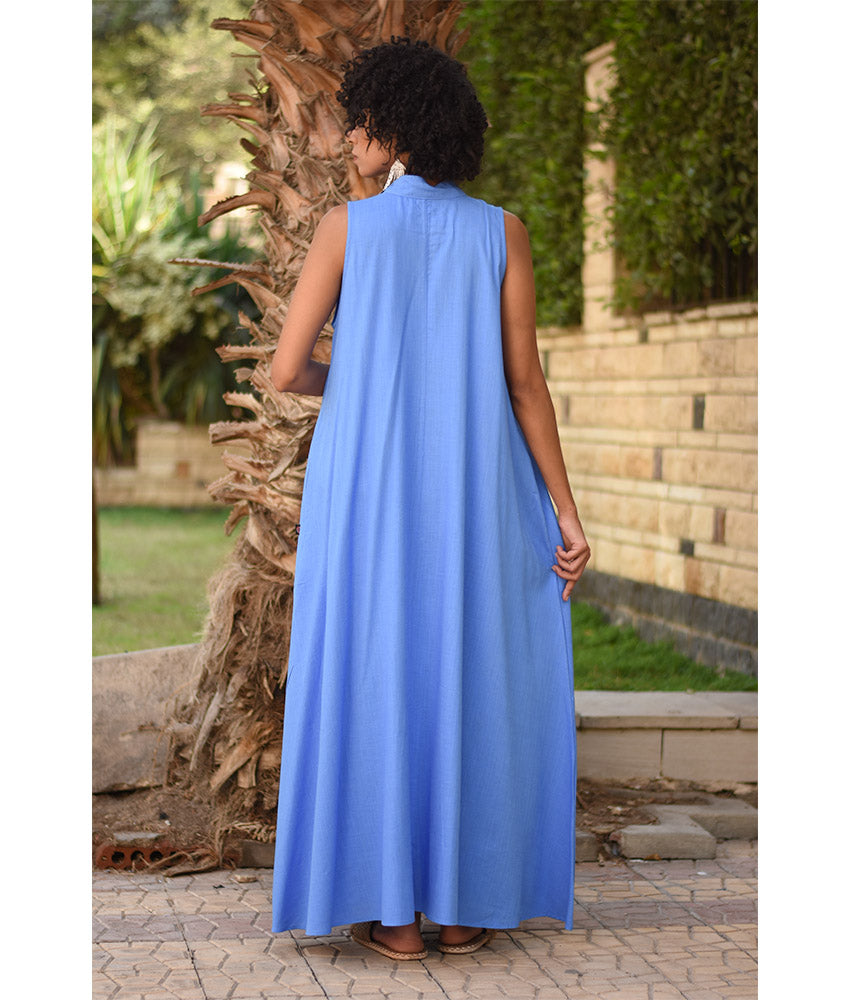 Denim blue Linen Japanese Dress made in Egypt & available in Jozee boutique