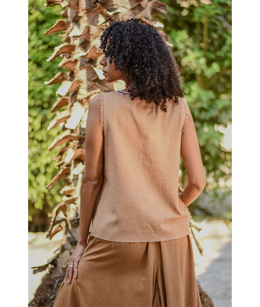 Dark Beige Siwa Embroidered Linen Top Handmade in Egypt & available at Jozee Boutique